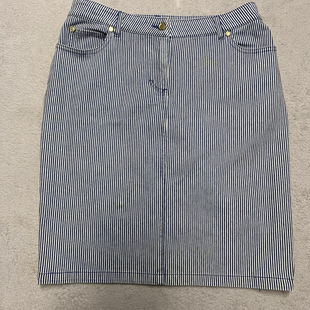 J McLaughlin Pencil Skirt 2 Blue White Vertical Stripe Cotton Stretch Preppy